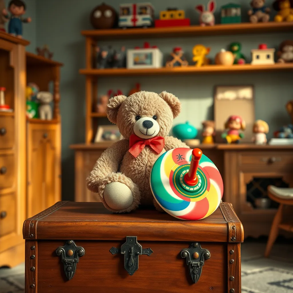 A beautifully arranged scene featuring a vintage Teddy Bear sitting on a wooden toy chest alongside a colorful, spinning Yo-Yo. The background includes a softly lit, cozy child's room with classic wooden furniture and shelves filled with nostalgic toys.