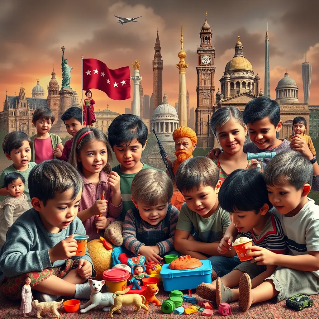 A collage-style image featuring diverse scenes of children and families throughout different eras and cultures playing with toys like Barbie, GI Joe, and Play-Doh. The background shows iconic cultural landmarks and moments, blending playtime with historical context.