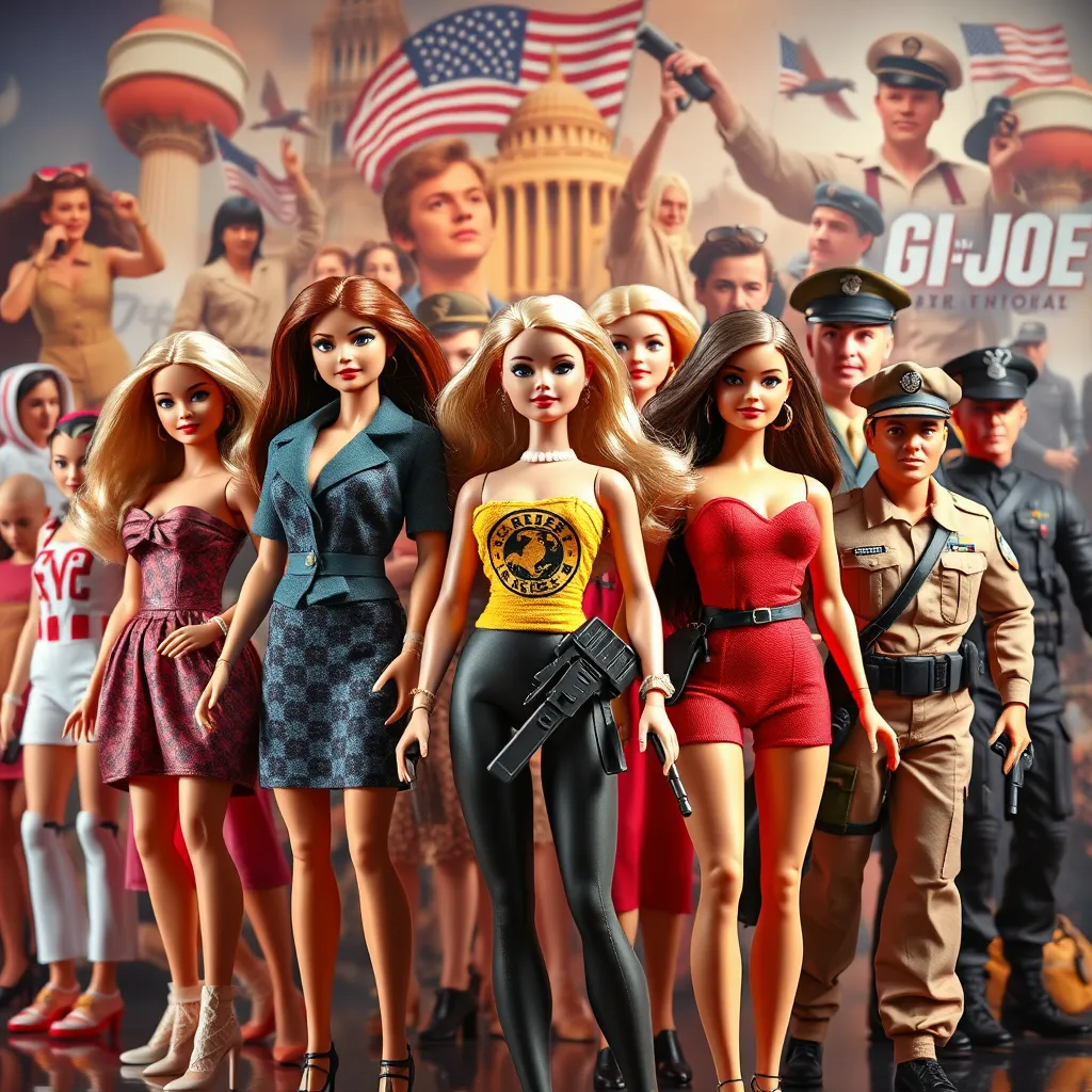  A dynamic collage featuring Barbie dolls in different outfits and eras, and G.I. Joe action figures in various uniforms, set against a background showcasing different cultural and historical milestones from the 1960s to the present day.