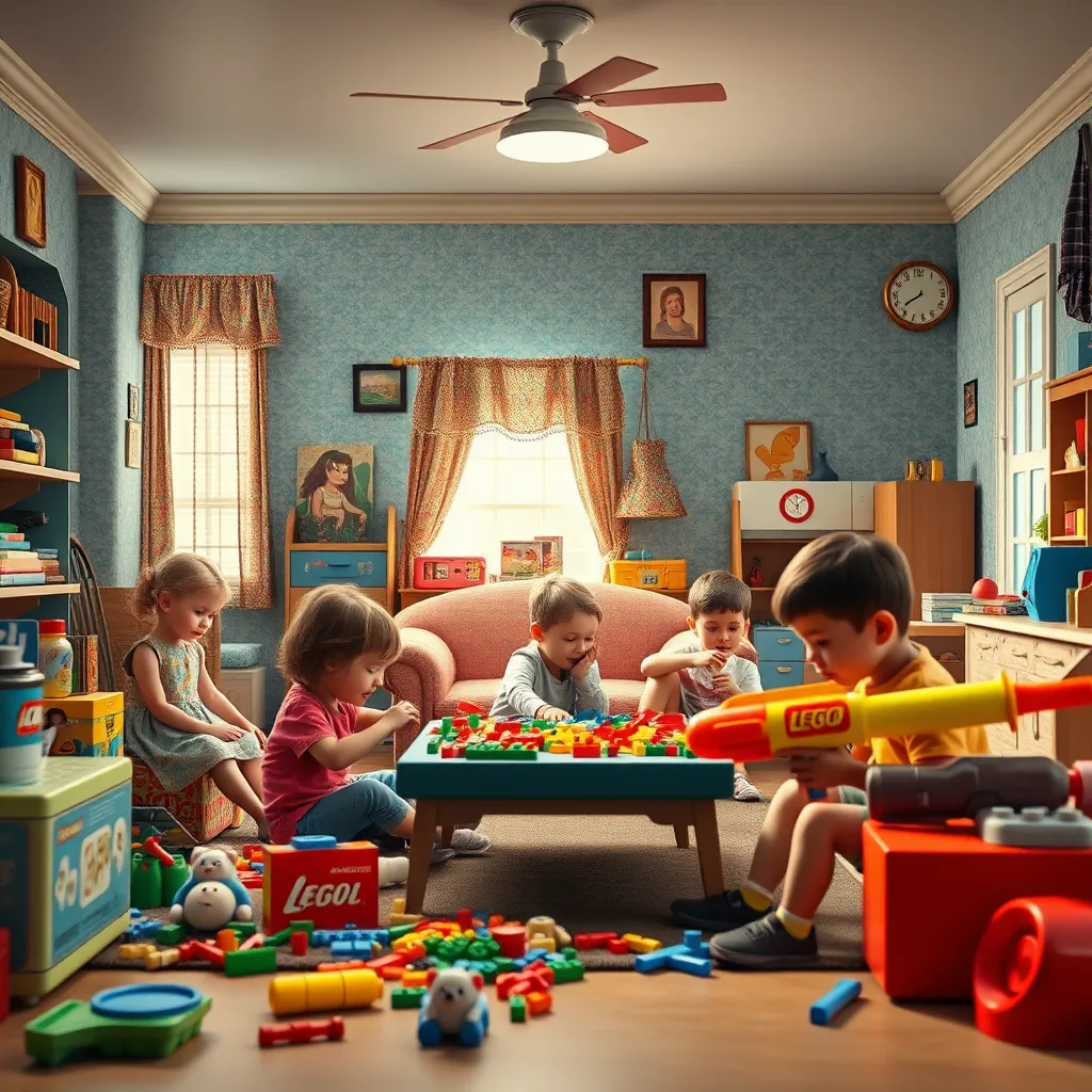 A nostalgic playroom scene evolving through different decades: 1950s, 1970s, and 1990s, with iconic toys like the Barbie doll, LEGO bricks, and Super Soaker water gun. Include children playing in each era, capturing the joy and excitement of play.