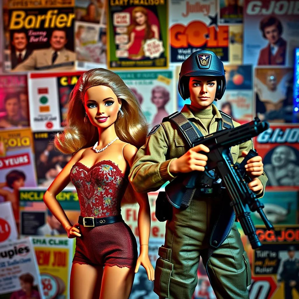 A striking image of a classic Barbie doll and an original G.I. Joe action figure posed heroically. They are set against a vibrant collage of historical magazine covers, advertisements, and popular culture memorabilia from their peak years. The background should depict a nostalgic vibe with colorful lighting.