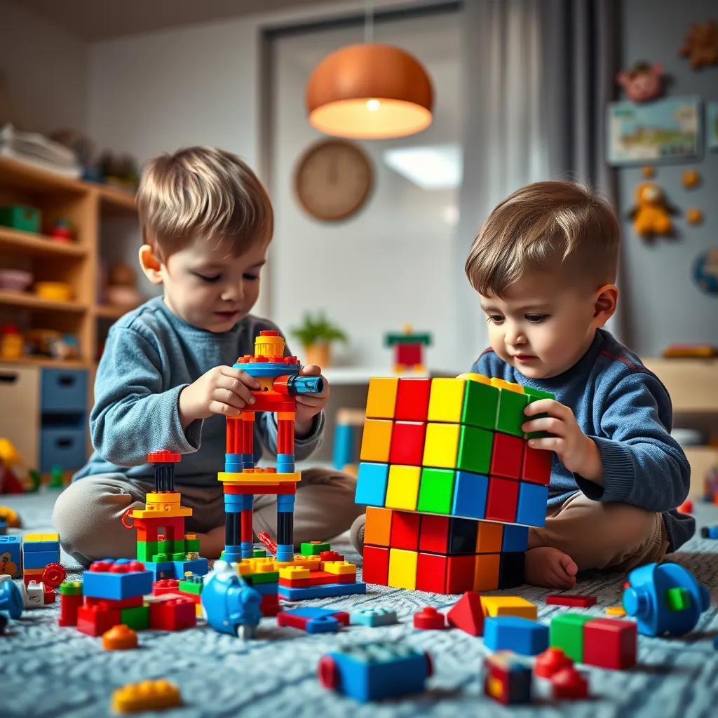  A vibrant, detailed image of a child building an imaginative LEGO structure and another child solving a brightly colored Rubik's Cube, set against a modern playroom backdrop with various innovative toys scattered around.
