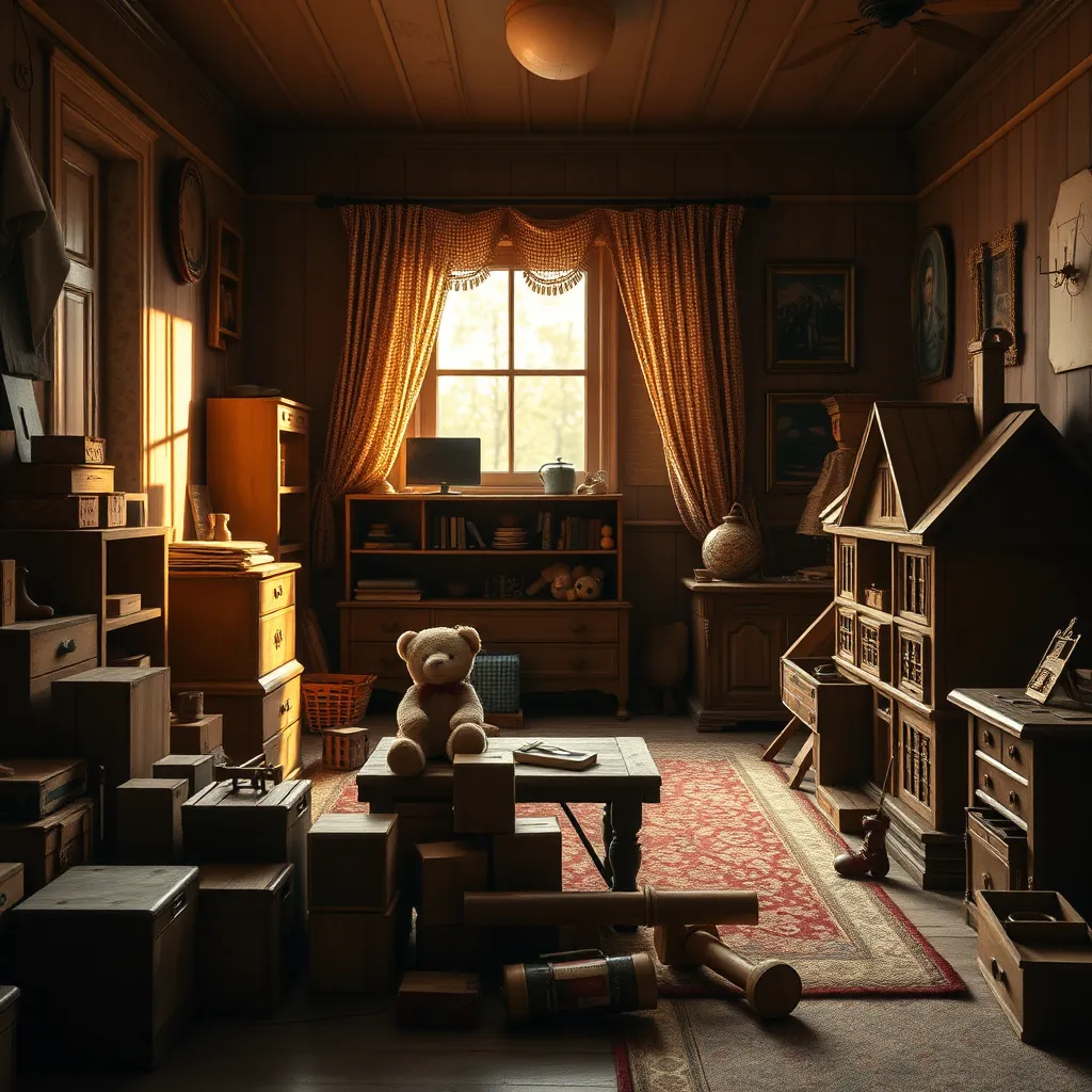  A warm, nostalgic scene of a children's playroom filled with classic toys like wooden blocks, a teddy bear, and a vintage dollhouse, all worn with age but well-loved. The room should have a cozy, golden afternoon light pouring in from a window.
