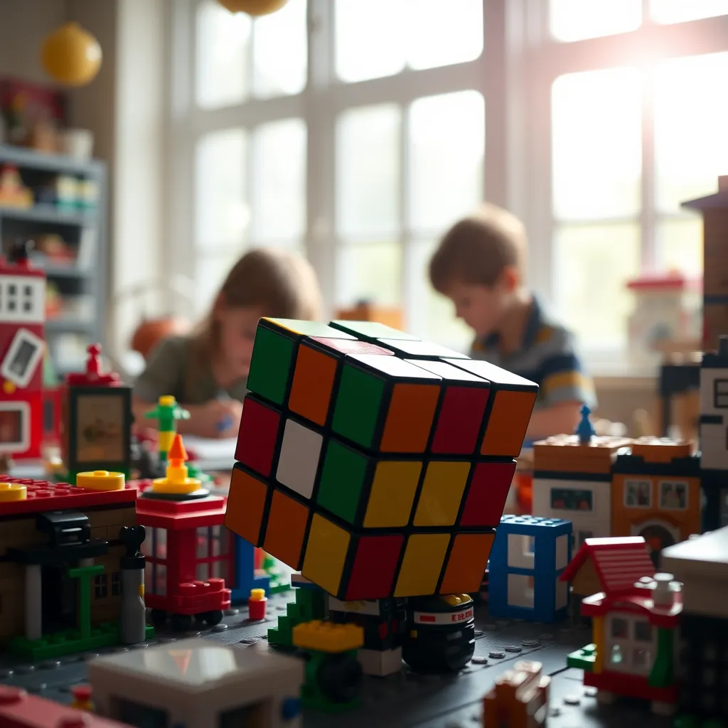 An artistically framed close-up shot of a partially solved Rubik's Cube in the midst of a build-your-own LEGO city. The background subtly shows children in focus, engaging in play, with bright natural light filtering through the windows onto their creations.