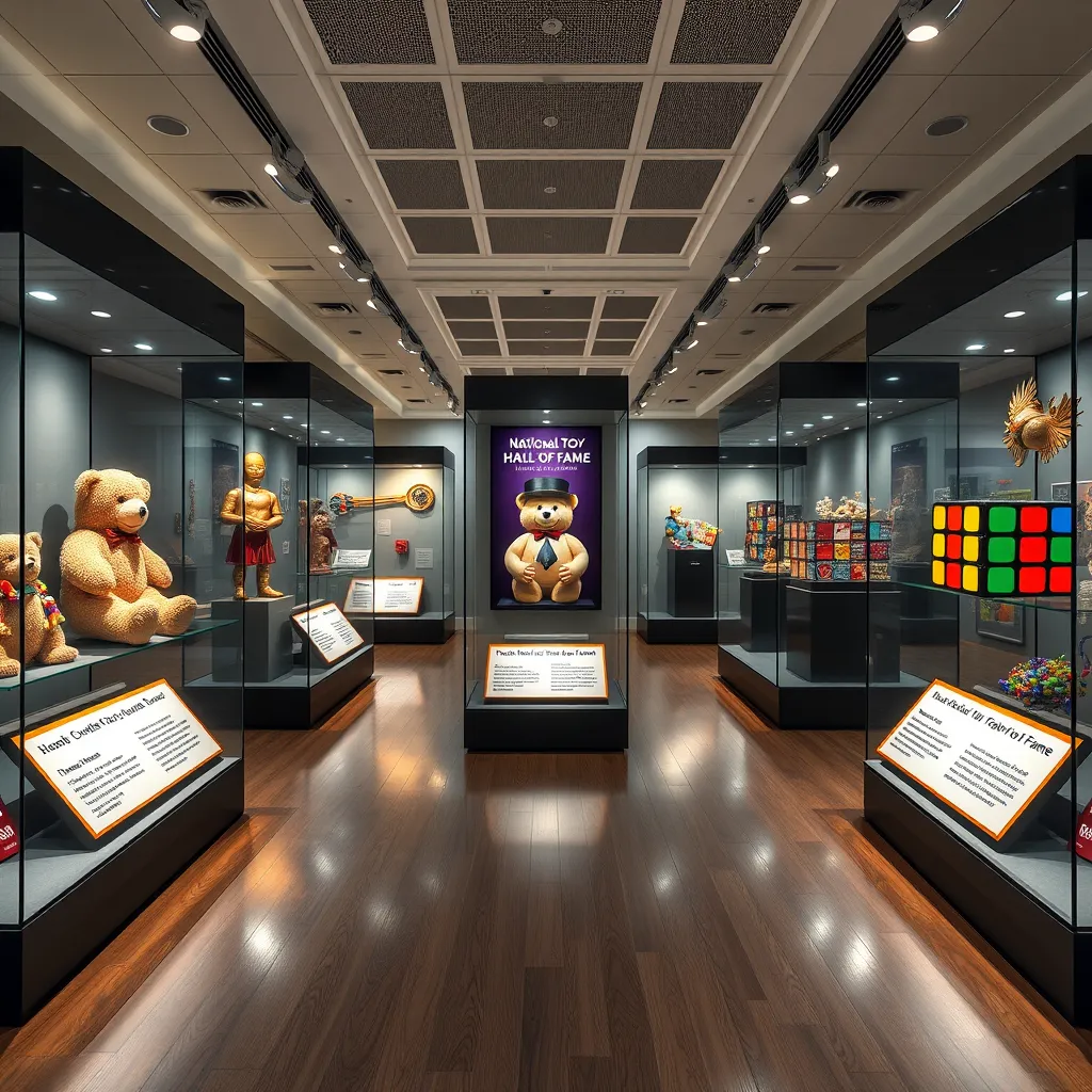 An elegant museum hall with glass displays showcasing legendary toys like the Teddy Bear, Monopoly, and Rubik's Cube. Include plaques detailing their induction into the National Toy Hall of Fame, with spotlights highlighting each toy.