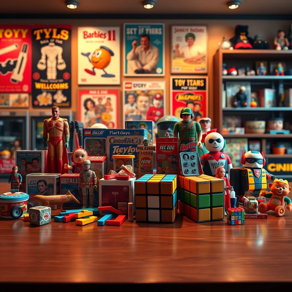 Create a photorealistic, ultra-high quality header image representing Hall of Fame Toys, a business celebrating the history of America's most iconic toys inducted into the National Toy Hall of Fame. The central subject should be a nostalgic, well-lit display of classic toys like the Barbie doll, G.I. Joe, LEGO bricks, and the Rubik's Cube, arranged on a polished wooden table. The scene should exude a warm, inviting atmosphere with soft, ambient lighting that casts gentle shadows, highlighting the fine details of each toy. The color palette should include vibrant yet slightly muted colors to evoke a sense of history and nostalgia, with warm tones dominating the frame. Position the camera at a slightly elevated angle, focusing downwards to capture the entire display in a 3/4 perspective. Textures and materials should be hyperrealistic, with visible wear and tear on some toys to emphasize their storied past. Include background elements such as vintage posters of toys from various decades, and a shelf filled with other notable toys and memorabilia. The style should be photorealistic, drawing inspiration from professional still-life photography. Ensure the image is in 8K resolution to capture every intricate detail with hyperrealistic clarity., ultra high resolution, photorealistic, 8K, hyperdetailed, cinematic lighting