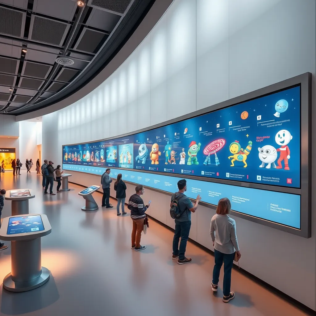 Create a photorealistic image of an interactive timeline display showcasing the evolution of iconic toys in ultra-high quality. The scene is set in a modern exhibit hall with bright, even lighting that ensures clarity and sharpness. The timeline is displayed on a series of large touch screens mounted on a sleek, glass-and-metal wall. The color palette includes clean, futuristic shades of white and silver, with dynamic, colorful graphics on the screens depicting various toys. The camera angle is from a 45-degree perspective, capturing the full length of the timeline display and some visitors engaged with the touch screens. Textures to be emphasized include the smooth glass surfaces of the screens, the matte finish of the floor, and the metallic sheen of the frames. Environmental elements such as interactive kiosks and information panels add depth. The mood is educational and interactive. Style references include the futuristic designs of Syd Mead. Technical specifications call for 8K resolution, hyperrealistic rendering, and ultra-detailed textures.