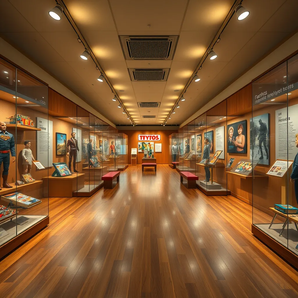 Create a photorealistic image of a virtual museum gallery showcasing iconic toys from various decades displayed in glass cases. The gallery has soft diffused lighting that highlights each toy's details. The color palette includes warm wooden tones for the flooring and walls, with spotlights that add a golden hue to the ambiance. The camera angle is at eye level, capturing the gallery's expansive layout, focusing on a central aisle lined with glass cases. Each glass case reflects pristine transparency, showing highly detailed textures of various toys like action figures, dolls, and board games. In the background, there are historical posters and plaques with informative texts. The setting exudes a nostalgic and educational feel. Elements like interactive screens and benches can be included to enhance the museum atmosphere. The style references classic museum photography in the style of Annie Leibovitz, showcasing rich textures and lifelike representation. Technical specifications include 8K resolution, hyperrealistic rendering, and ultra-detailed textures.