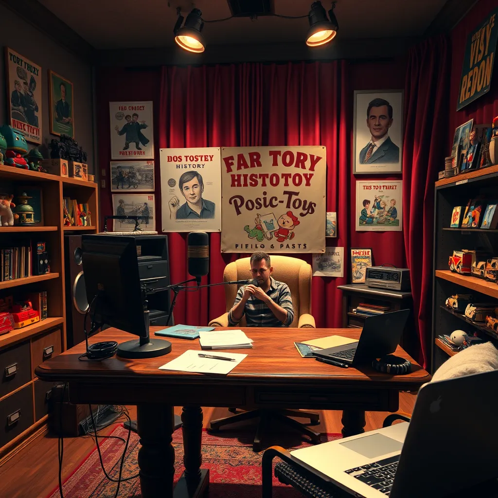 Generate an ultra-high quality image of a cozy podcast studio where a host is recording an episode about the history of iconic toys. The studio features warm, ambient lighting with a few spotlights creating a comforting and inviting atmosphere. The color palette consists of deep, rich hues like mahogany for the desk and velvet red for the background drapes. The camera angle is a mid-shot capturing the host at a professional microphone surrounded by shelves filled with vintage toys and memorabilia. Detailed textures of the wooden desk, plush fabric of the chair, and the glossy surface of the microphone are visible. The background includes old posters and photos of classic toys, adding to the historical theme. The setting should evoke a blend of nostalgia and professionalism. Props like headphones, papers, and a laptop enhance the authenticity. Style inspiration comes from Norman Rockwell’s intimate and detailed illustrations. Technical specifications require 8K resolution, hyperrealistic quality, and ultra-detailed textures.